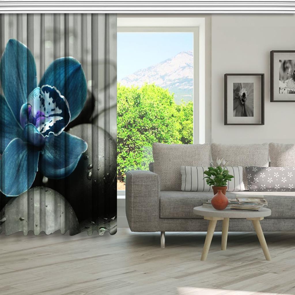 baskılı fon perde ıslak taş üzerine mavi orkide çiçek desenli
