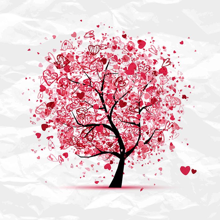 baskılı fon perde kalp ağaç desenli kırmızı pembe 