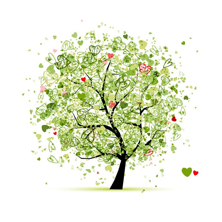 baskılı fon perde kalp ağaç desenli yeşil pembe 