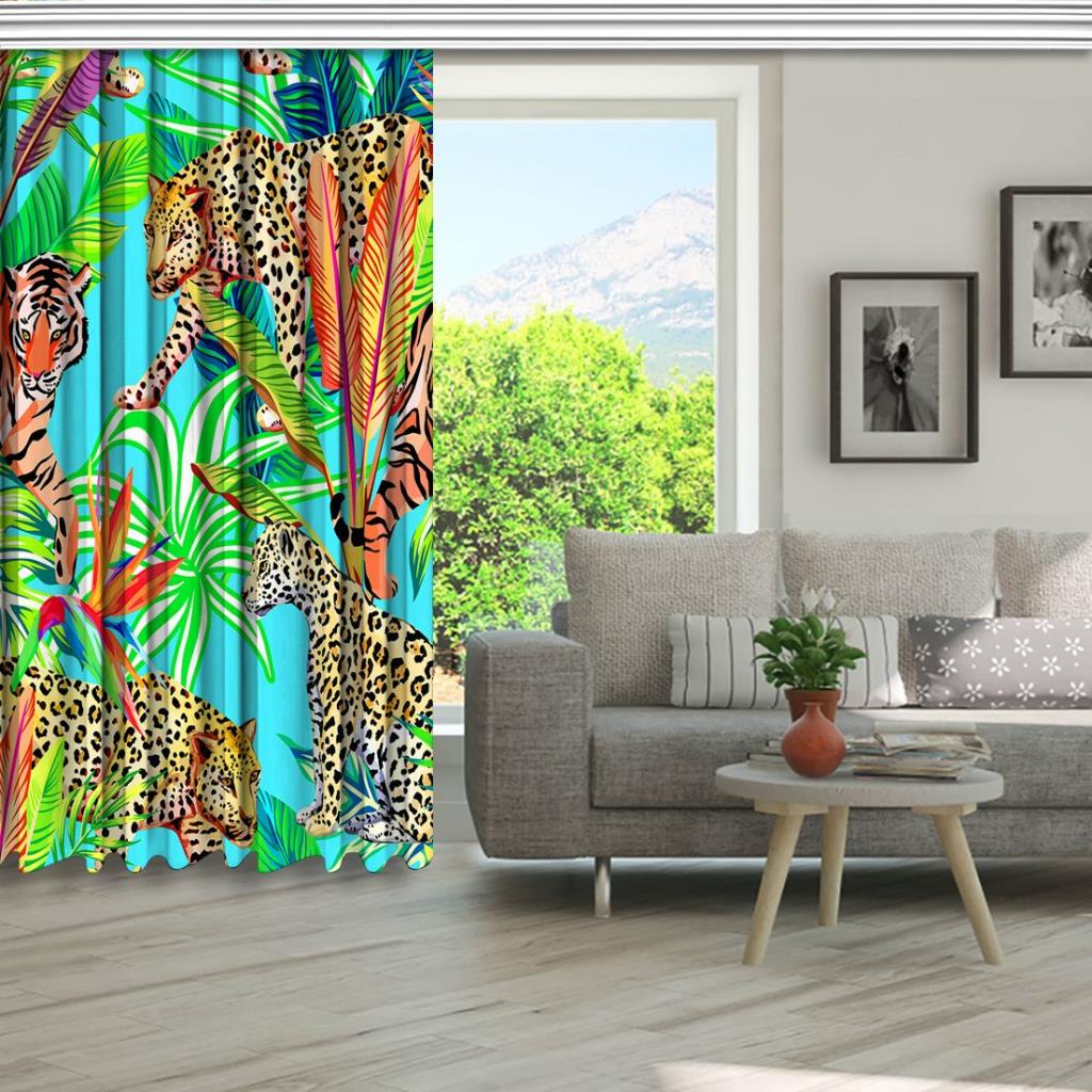 baskılı fon perde kaplan ve jaguar etkili palmiye yaprak desenli