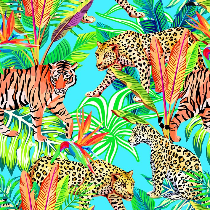 baskılı fon perde kaplan ve jaguar etkili palmiye yaprak desenli