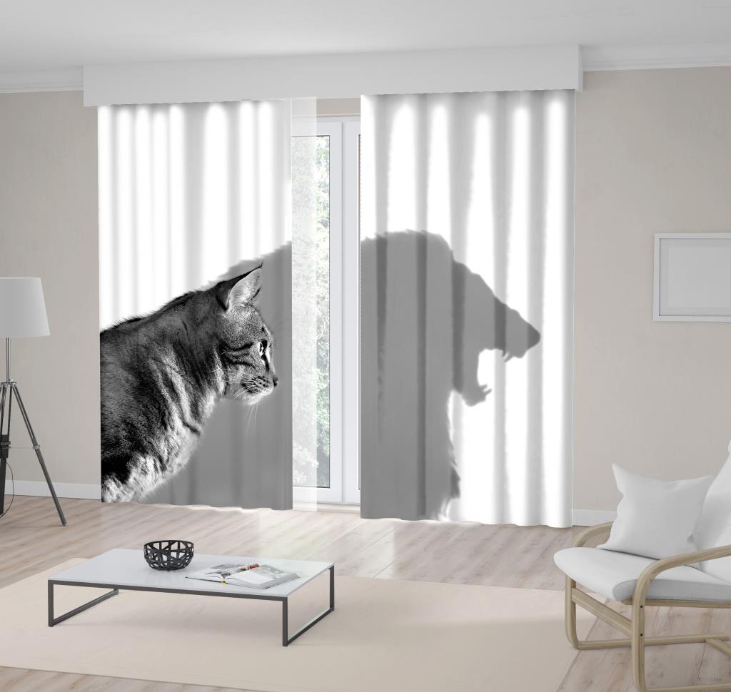 baskılı fon perde kedi aslan gölge desenli siyah beyaz