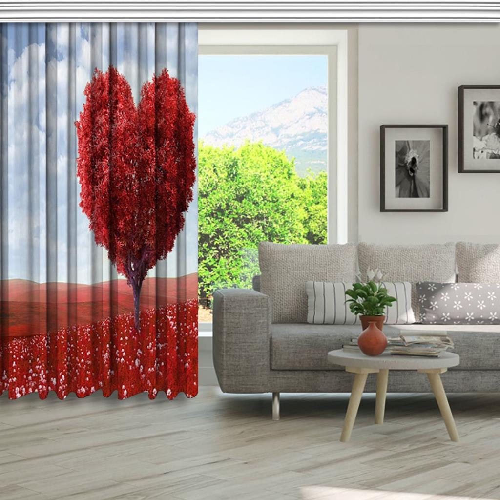 baskılı fon perde kırmızı aşk temalı kalpli ağaç desenli