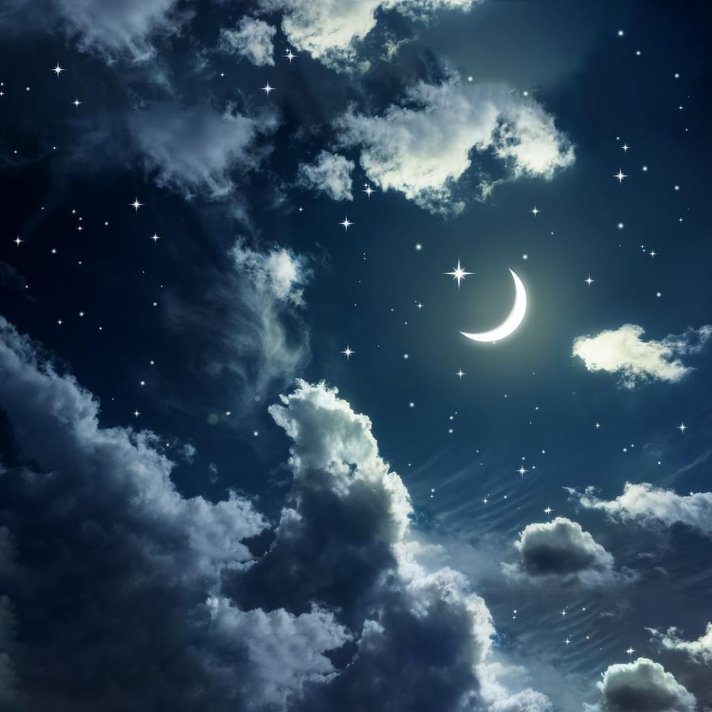 baskılı fon perde mavi bulut gece ışıltılı ay gökyüzü desenli 