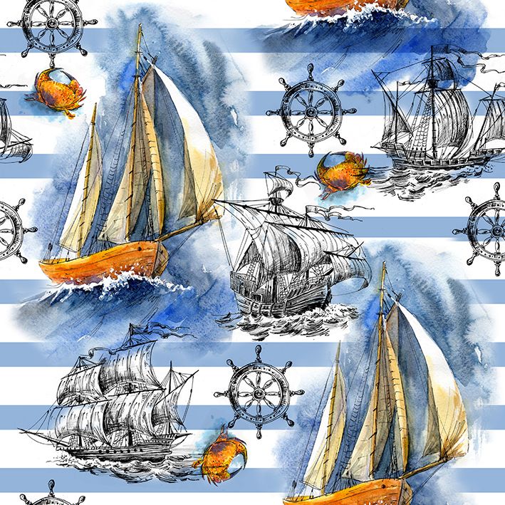 baskılı fon perde mavi çizgiler gemi deniz yaz desenli