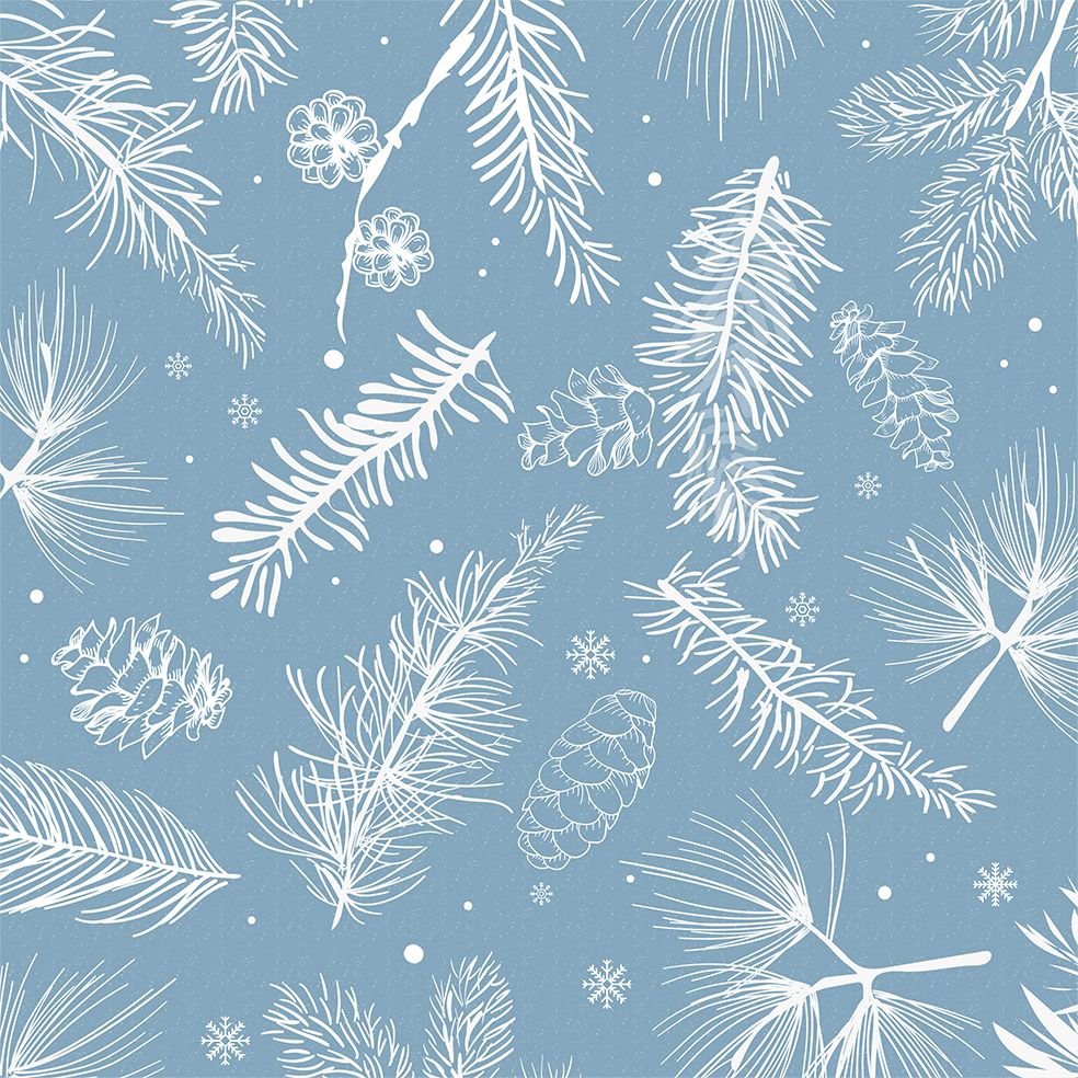 baskılı fon perde mavi noel kar taneleri çam kozalakları ve dalları