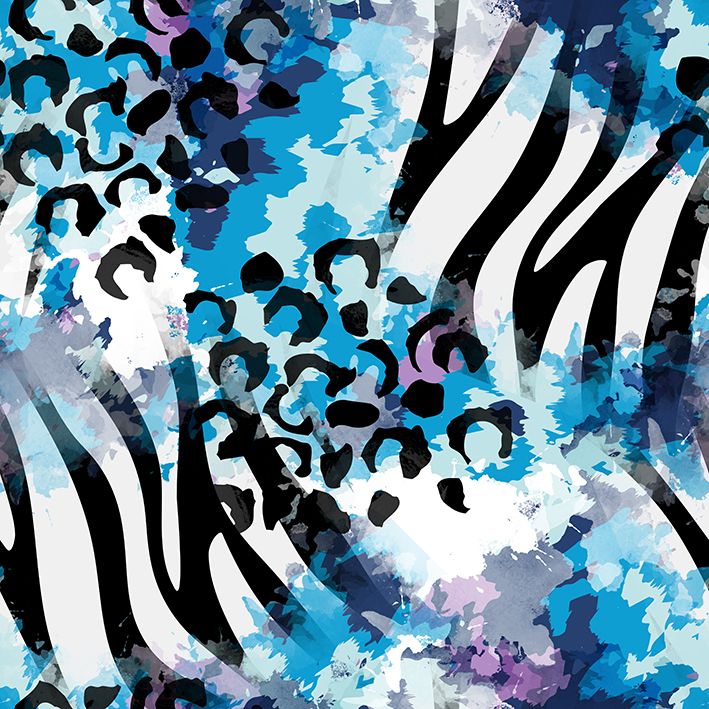 baskılı fon perde mavi suluboya etkili leopar zebra desenli