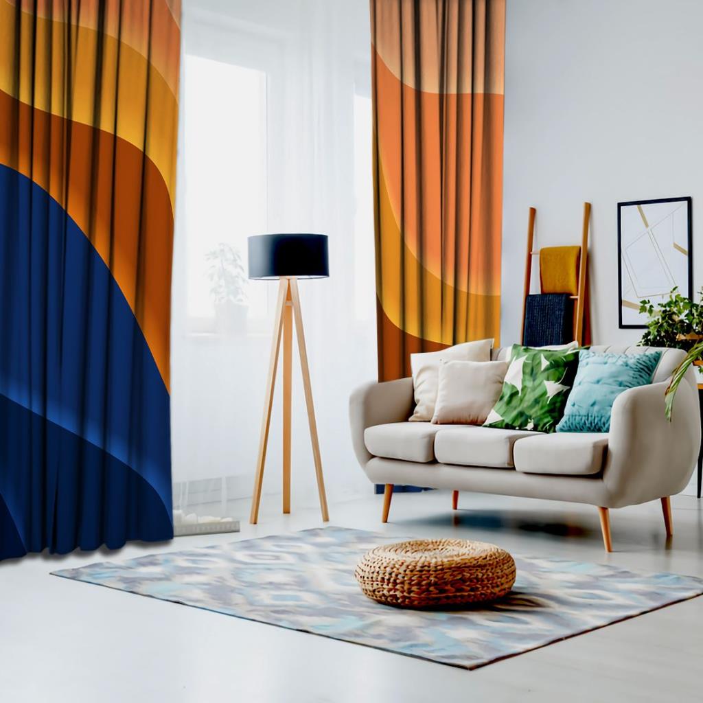 baskılı fon perde mavi ve turuncu renk etkili mozaik desenli