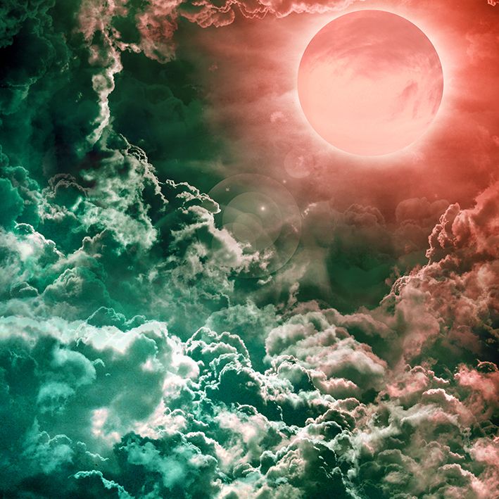 baskılı fon perde mavi yoğun bulut kırmızı ay desenli 