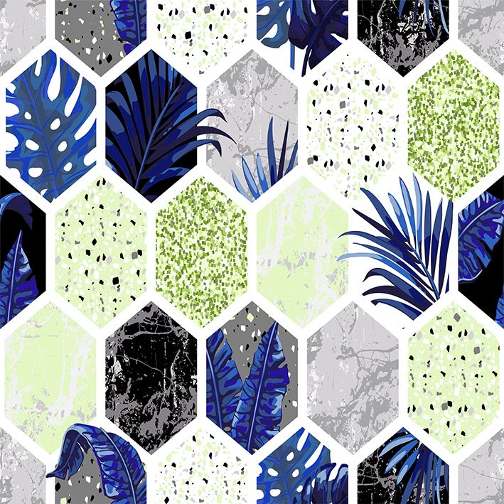 baskılı fon perde mermer geometrik şekilli tropik yaprak desenli