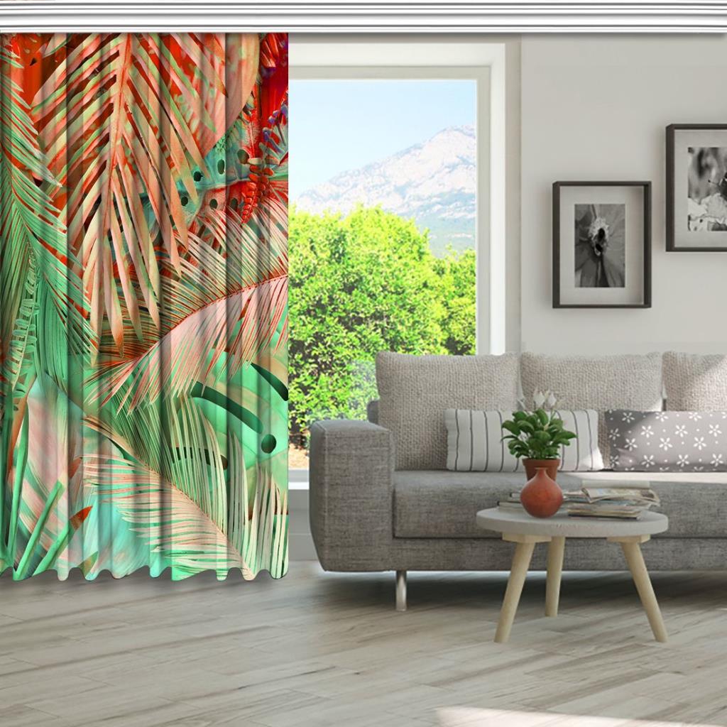 baskılı fon perde minimal etkili tropikal palmiye yaprak desenli