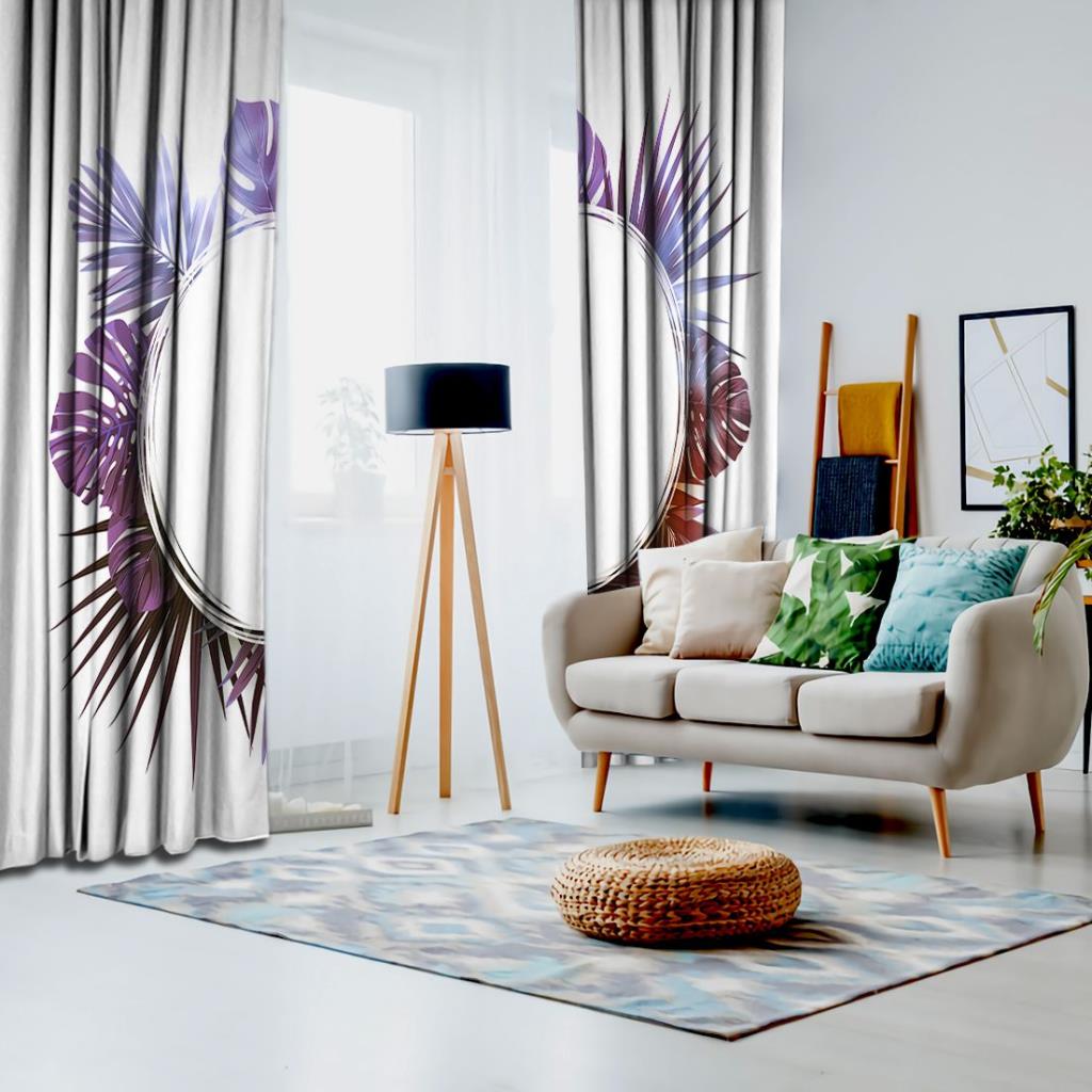 baskılı fon perde mor renk yuvarlak ve palmiye yaprak etkili desenli