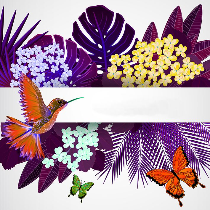 baskılı fon perde mor tropik yaprak üzerine oranj kuş kelebek desenli