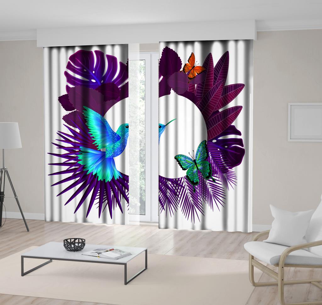 baskılı fon perde mor tropik yapraklı kelebek güvercin desenli 