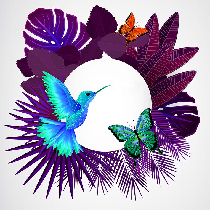 baskılı fon perde mor tropik yapraklı kelebek güvercin desenli