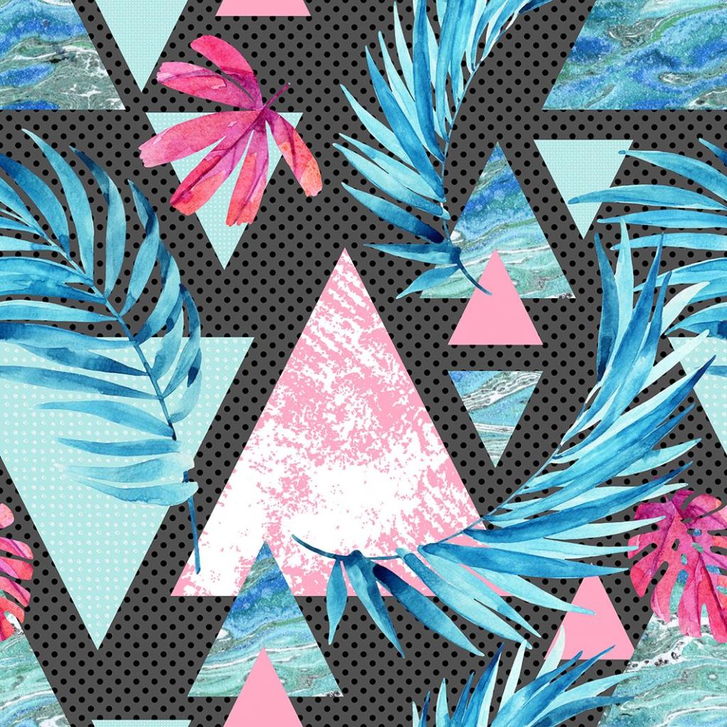 baskılı fon perde nokta palmiye geometrik desenli pembe mavi 