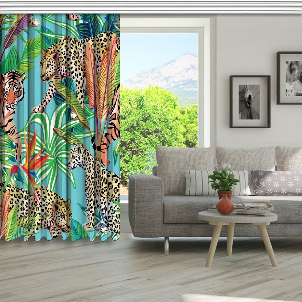 baskılı fon perde palmiye yaprakları etkili leopar ve kaplan desenli