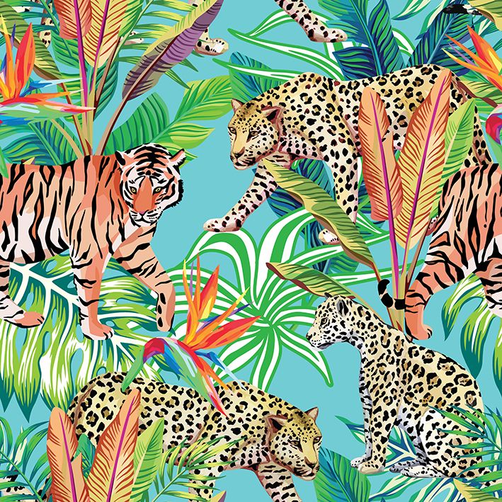 baskılı fon perde palmiye yaprakları etkili leopar ve kaplan desenli