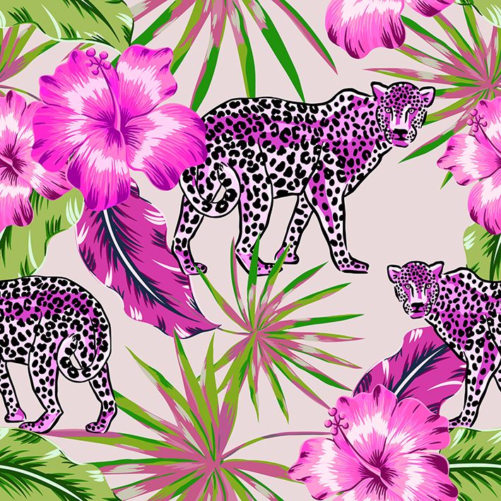 baskılı fon perde pembe çiçek ve yaprak etkili jaguar desenli