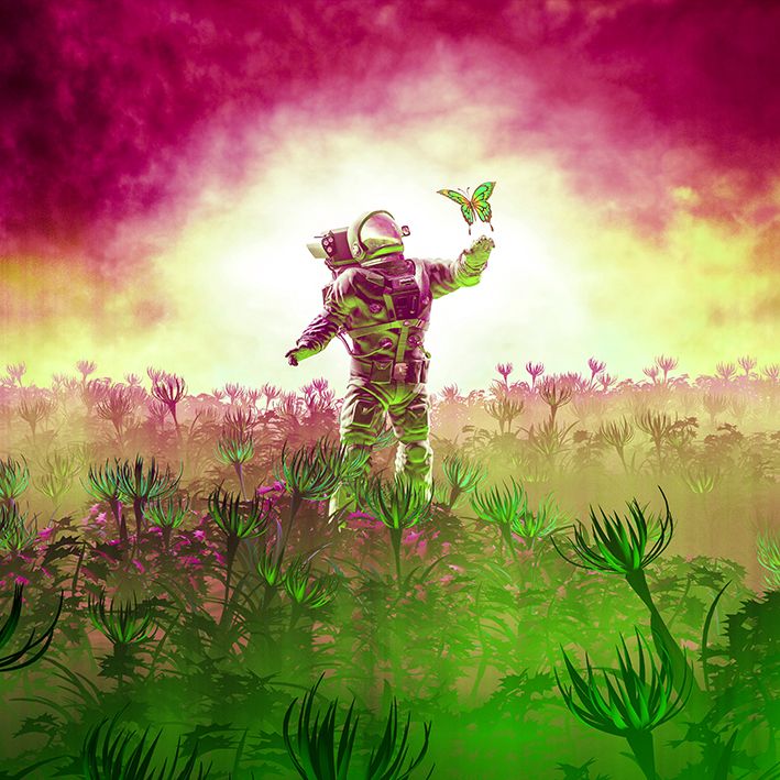 baskılı fon perde pembe ve yeşil renk etkili astronot desenli