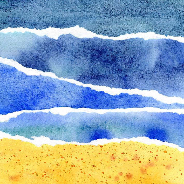 baskılı fon perde plaj etkili mavi ve sarı suluboya desenli