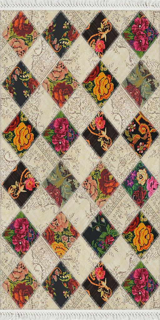 baskılı kilim modern patchwork çiçek baklava desenli