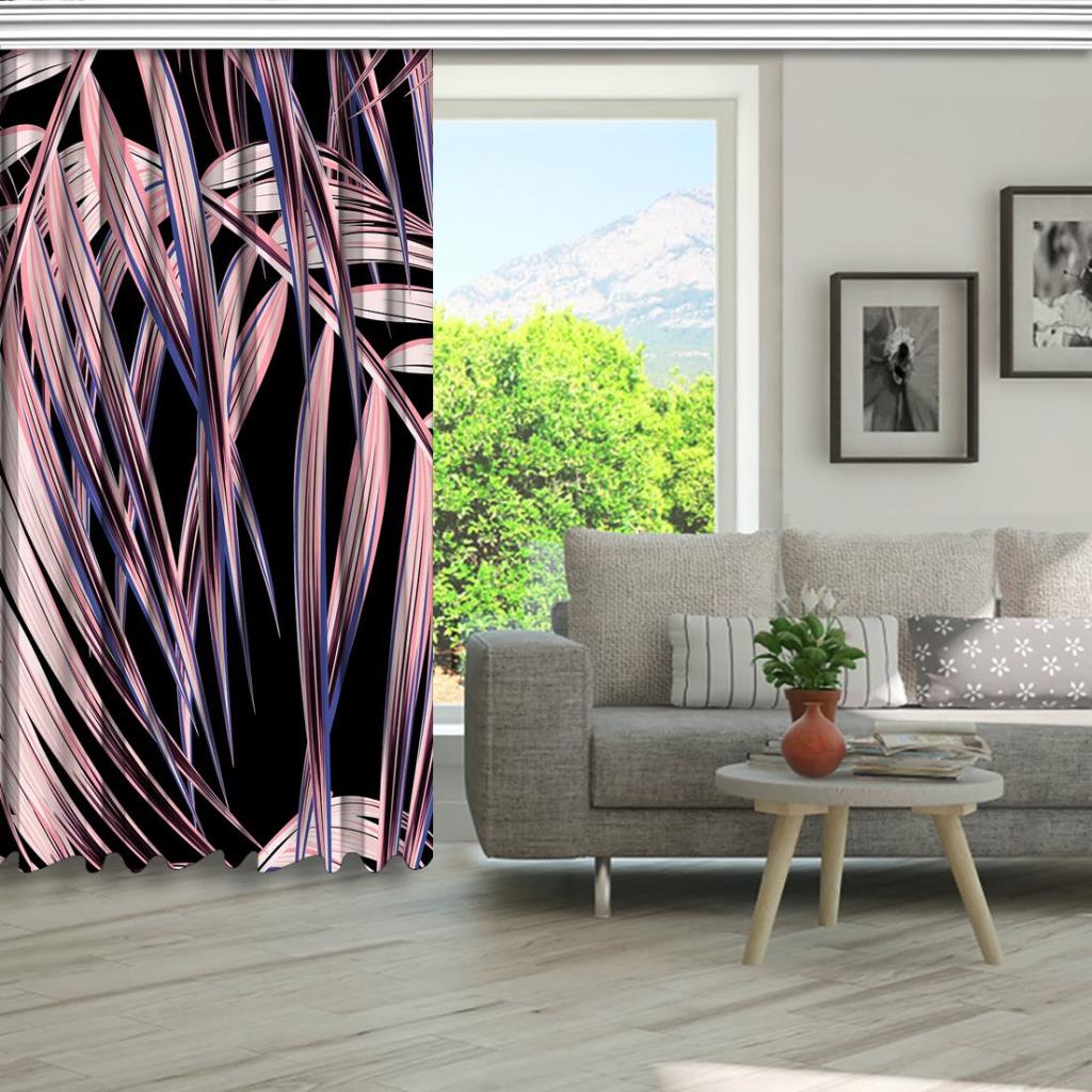 baskılı fon perde siyah arka plan etkili palmiye yaprak desenli
