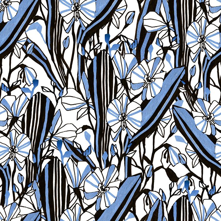 baskılı fon perde siyah mavi çizgilerden oluşan çiçekli desenli