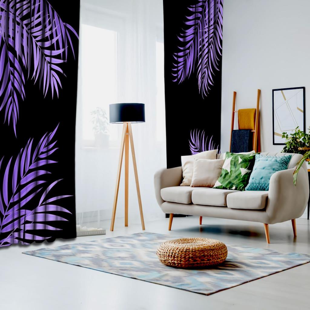 baskılı fon perde siyah zemin üzerine lila palmiye yaprak desenli 