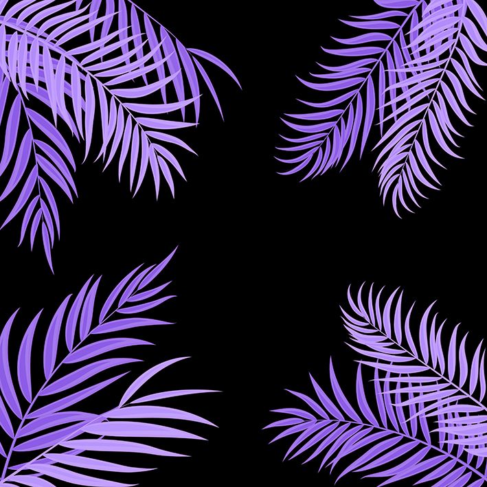 baskılı fon perde siyah zemin üzerine lila palmiye yaprak desenli
