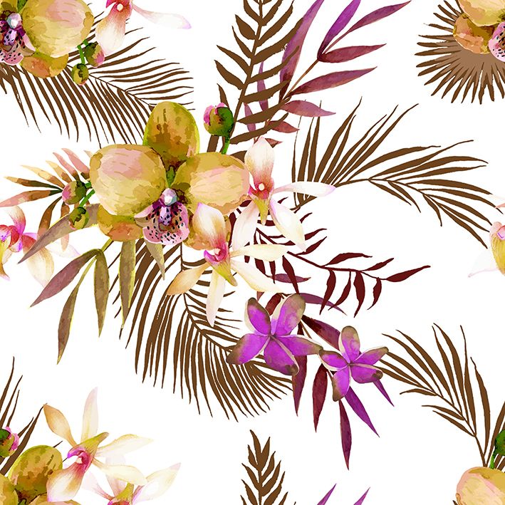 baskılı fon perde soft tropik yapraklar üzerine orkide çiçekli desenli