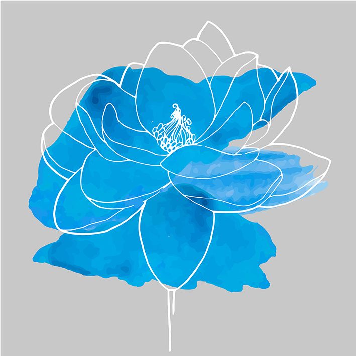 baskılı fon perde sulu boya etkili çizgi çiçek mavi desenli