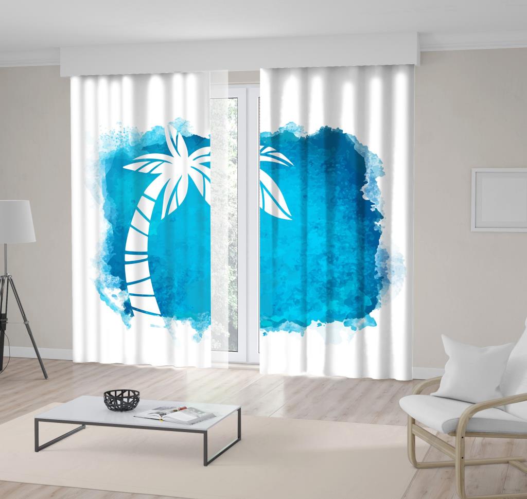 baskılı fon perde sulu boya etkili mavi palmiye ağaç desenli 