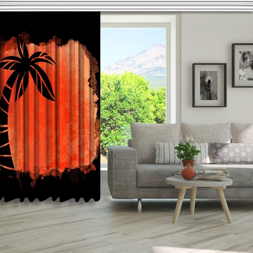 baskılı fon perde sulu boya etkili nar çiçeği palmiye desenli