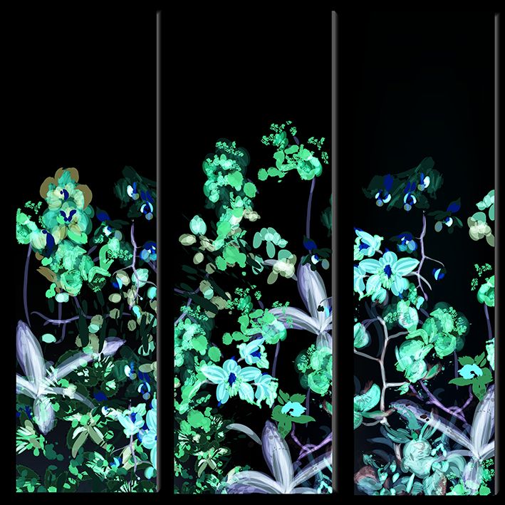 baskılı fon perde suluboya etkili üç bölmeli tropik çiçek desenli