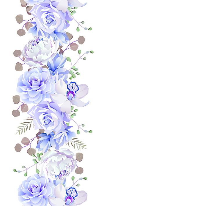 baskılı fon perde tek kenarda mavi lila gül ve orkideler desenli