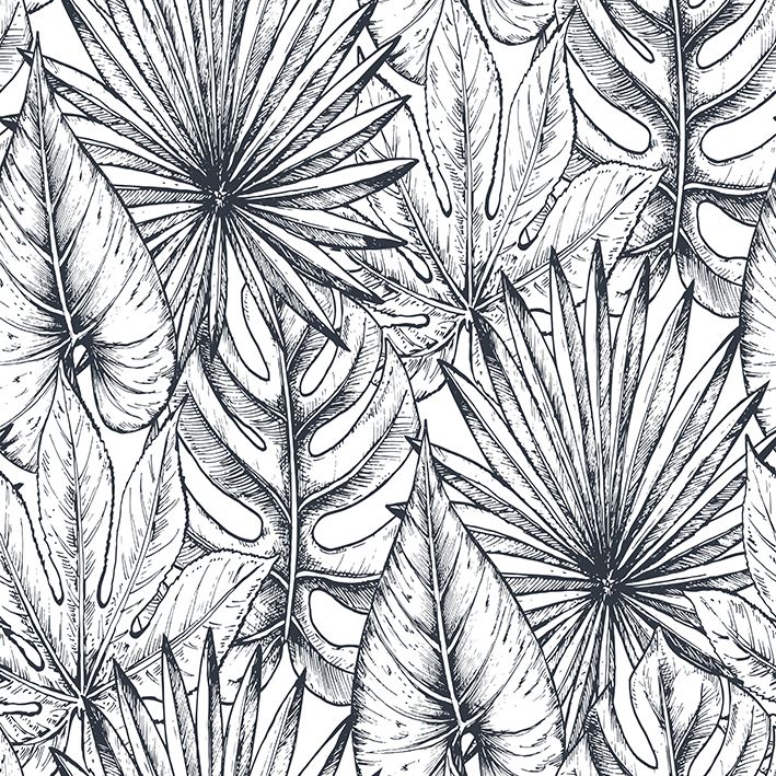 baskılı fon perde tropik çiçekler palmiye yaprakları desenli