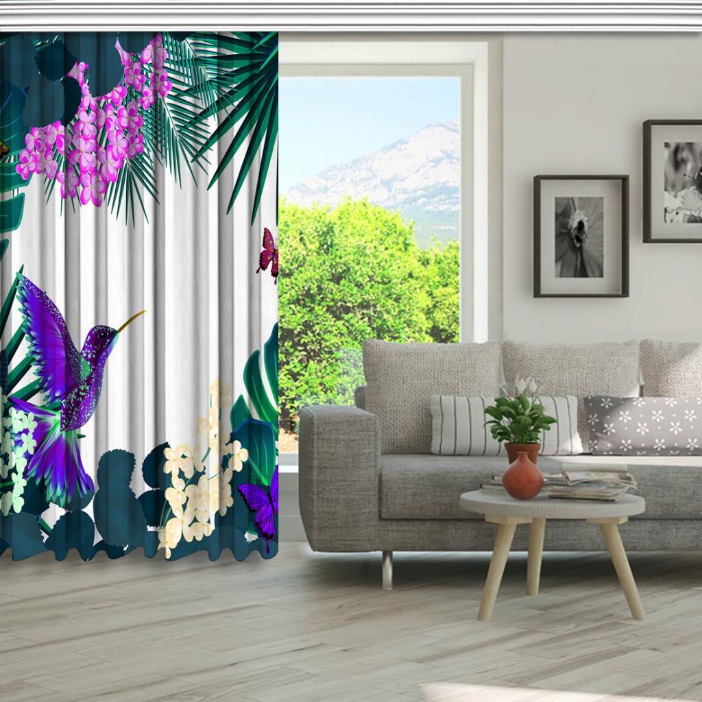 baskılı fon perde tropik yaprak ve çiçek üzerine mor kuş kelebek desenli 