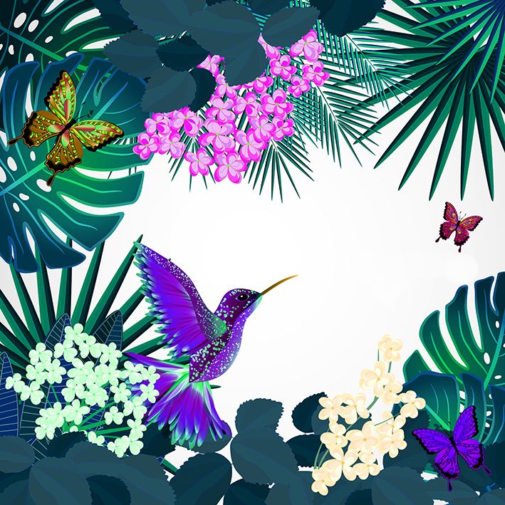 baskılı fon perde tropik yaprak ve çiçek üzerine mor kuş kelebek desenli