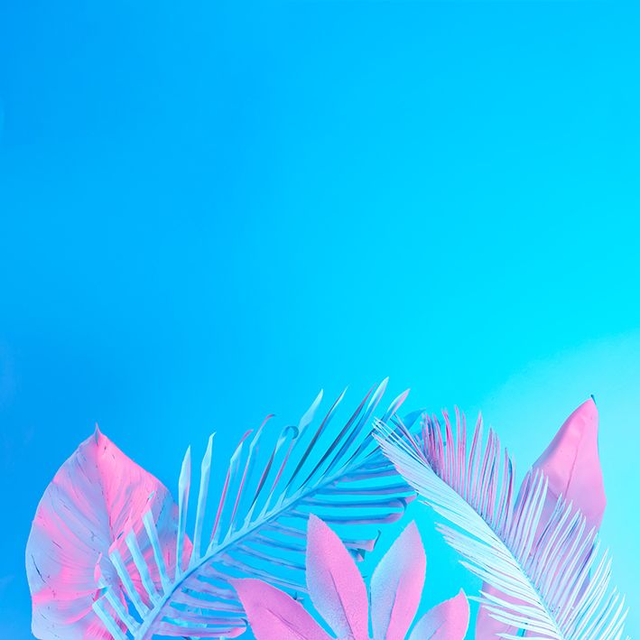 baskılı fon perde tropikal palmiye yaprak desenli pembe mavi 