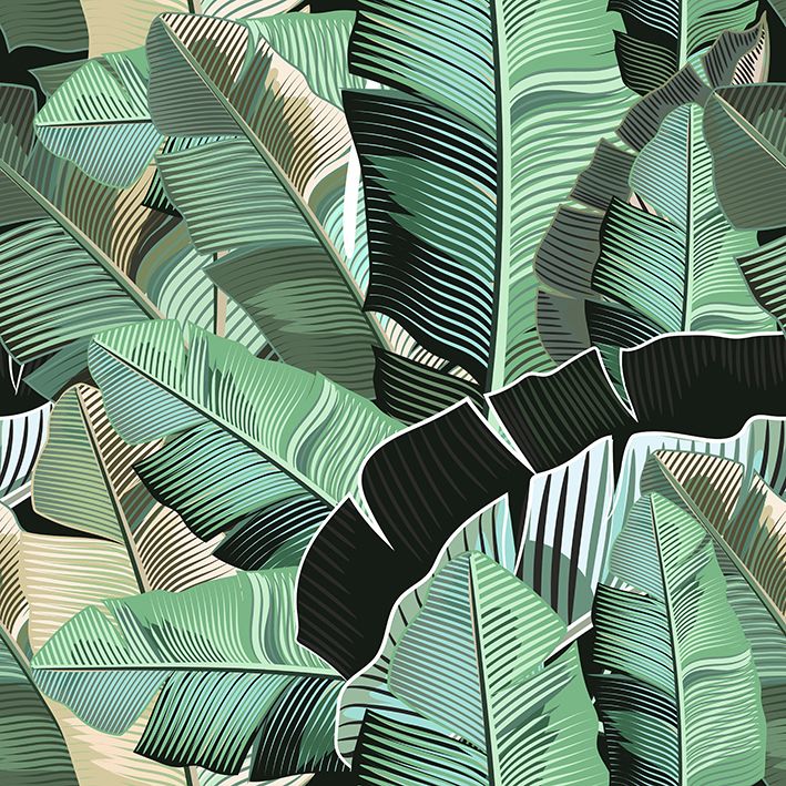 baskılı fon perde tropikal palmiye yaprak desenli siyah yeşil