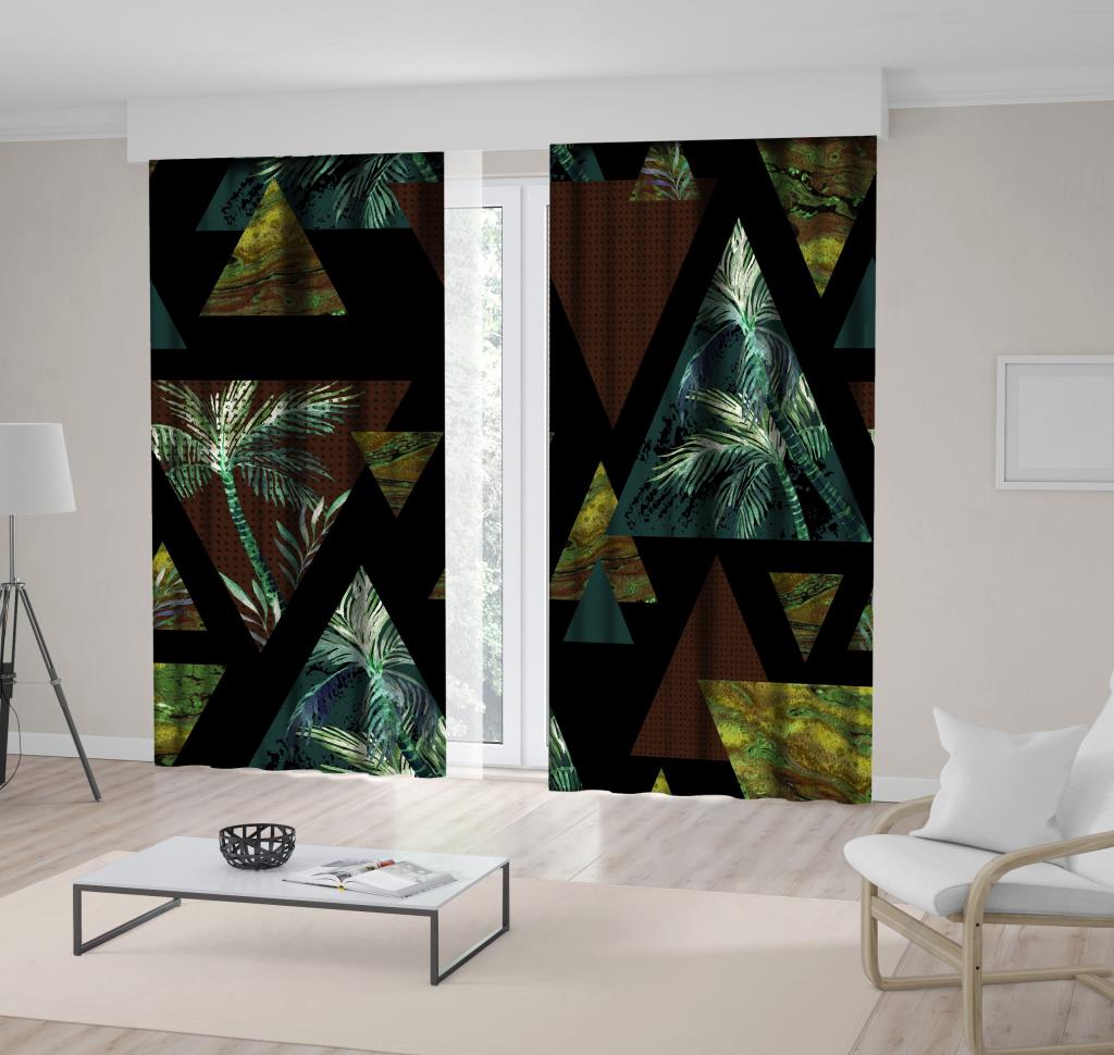 baskılı fon perde üçgen ve palmiye etkili kahverengi ve yeşil desenli