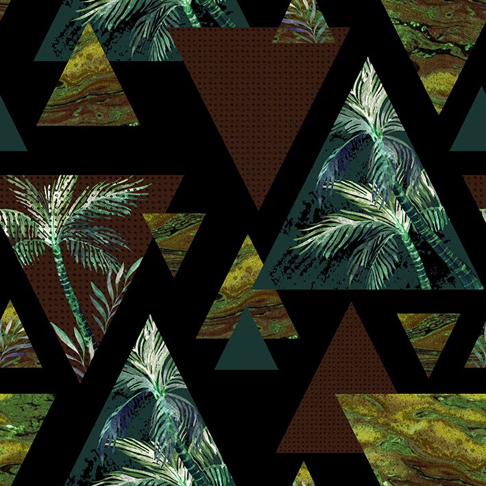 baskılı fon perde üçgen ve palmiye etkili kahverengi ve yeşil desenli 