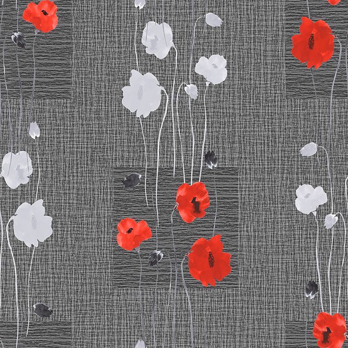 baskılı fon perde vahşı kırmızı beyaz çiçek gri arka plan desenli