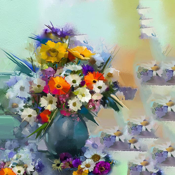 baskılı fon perde vazoda yaglı boya etkili çiçek desenli 