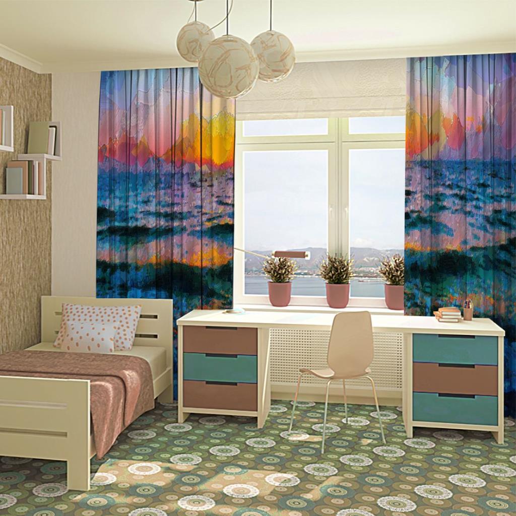 baskılı fon perde yağlı boya etkili deniz dalga güneş desenli