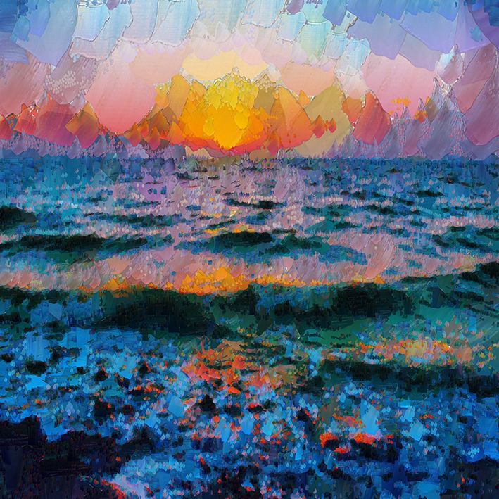 baskılı fon perde yağlı boya etkili deniz dalga güneş desenli