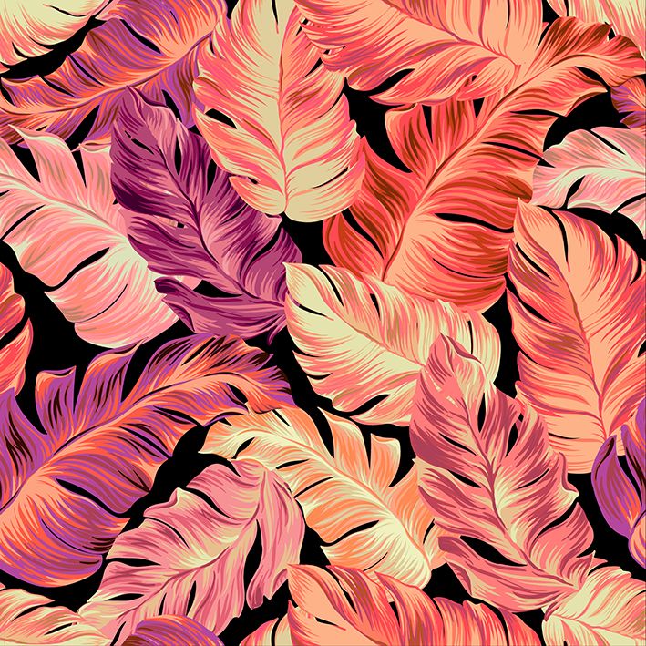 baskılı fon perde yavruağzı mor renkli tropik yaprak desenli