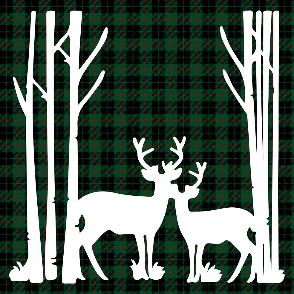 baskılı fon perde yeşil siyah kırmızı ekose üzerine geyik desenli