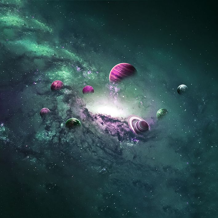 baskılı fon perde yeşil ve pembe tonlu galaksi ve gezegen desenli 